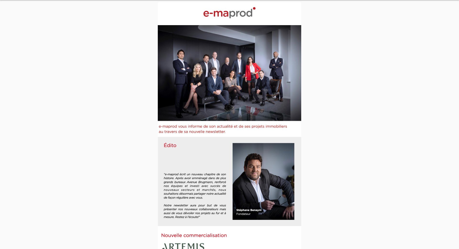Découvrez toute l&rsquo;actualité immobilière d&rsquo;e-maprod — capture intégrale de la newsletter