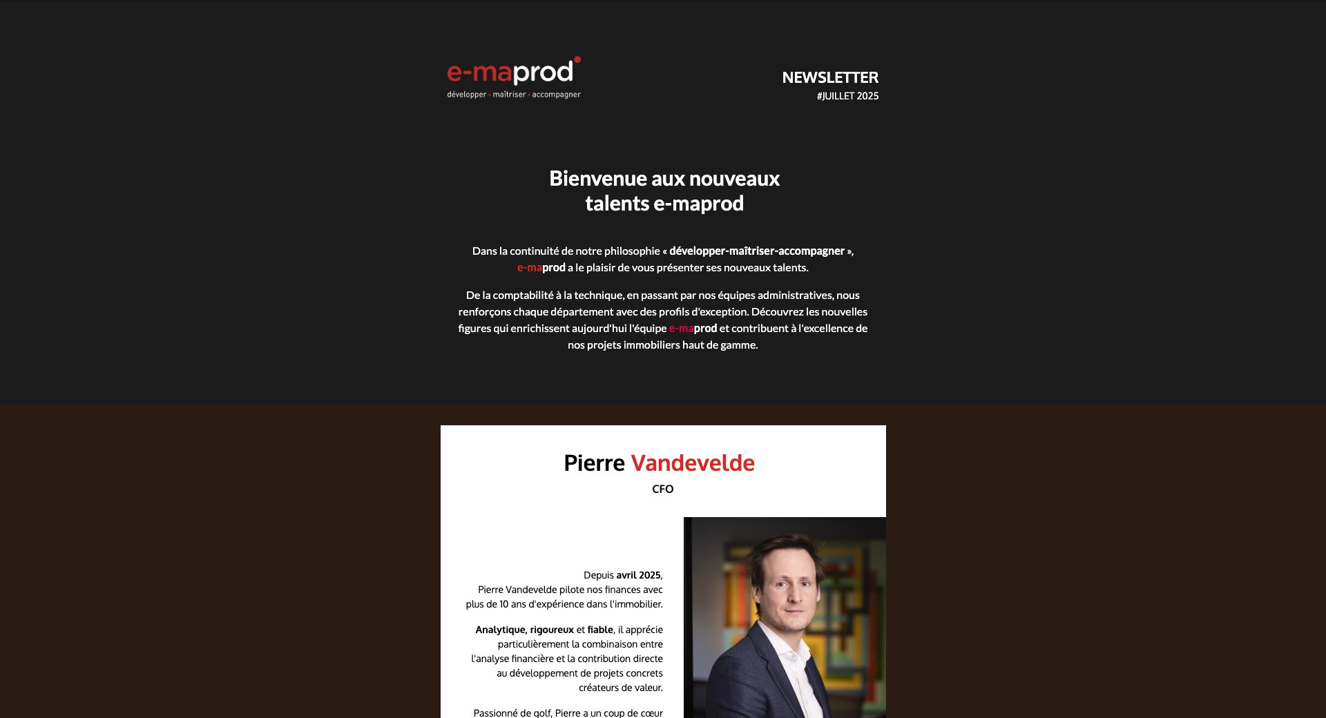 Bienvenue aux nouveaux talents e-maprod — capture intégrale de la newsletter