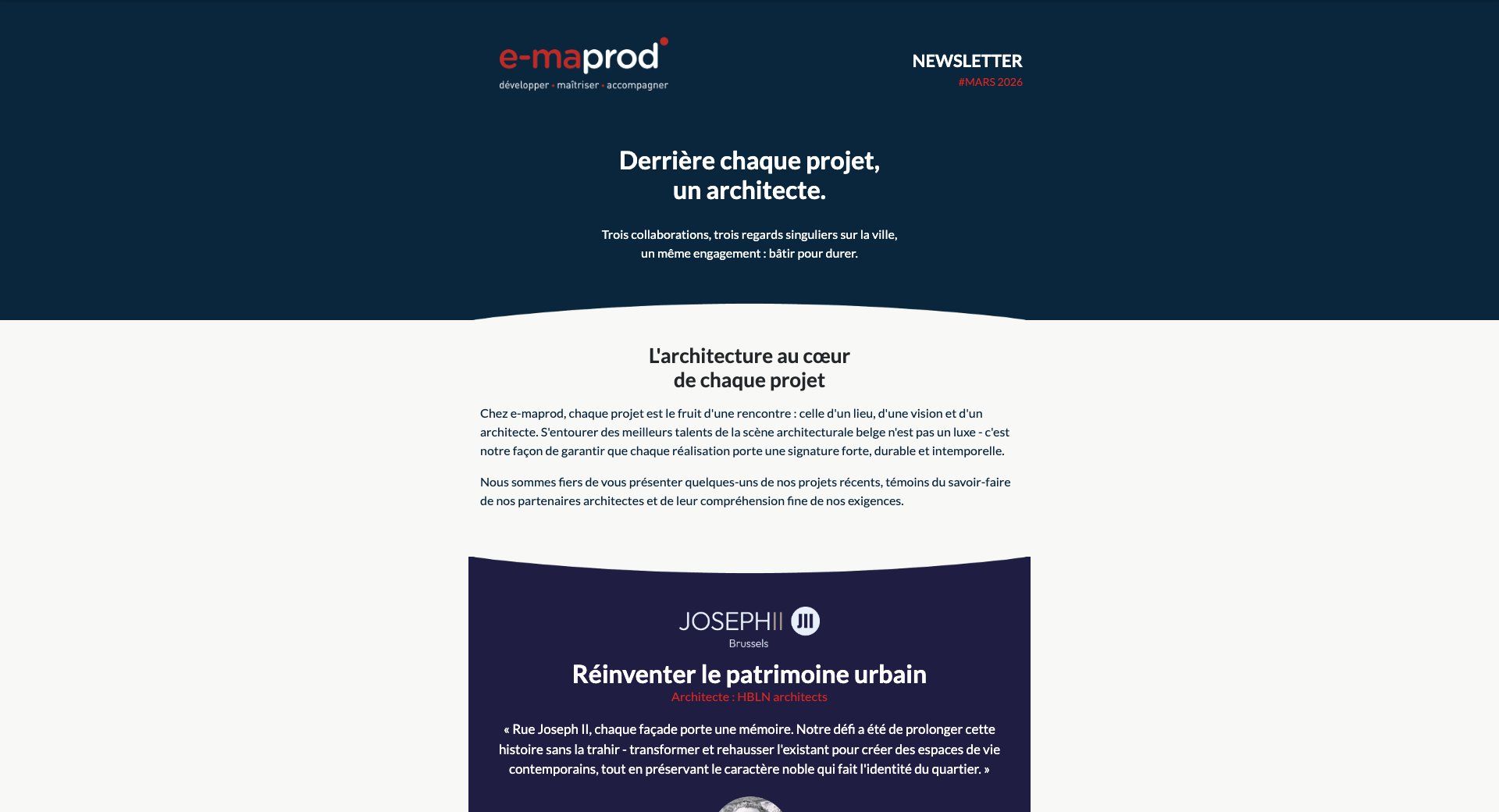 e-maprod et l&rsquo;architecture – trois signatures belges — capture intégrale de la newsletter