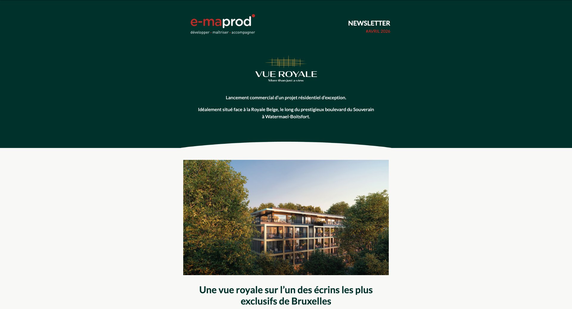 Vue Royale – lancement commercial à Watermael-Boitsfort — capture intégrale de la newsletter